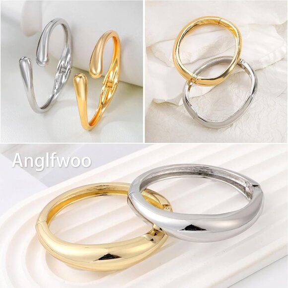 14K Gold Twist Cuff Bangle for Women - Trendy Wide Open Arm Jewelry - Picture 2 of 7